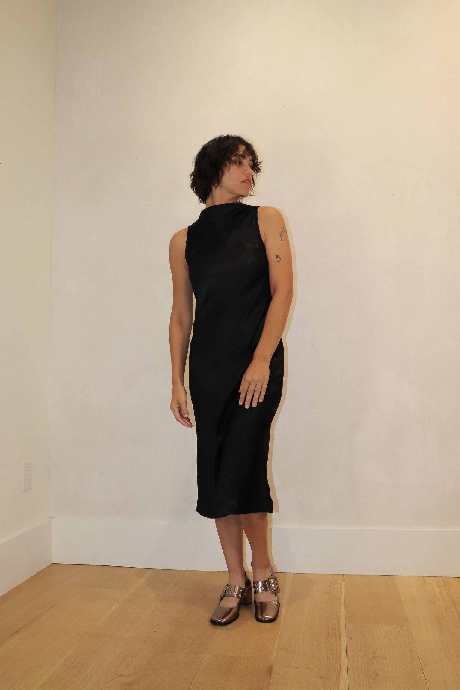 sabrina bias satin boat neck dress